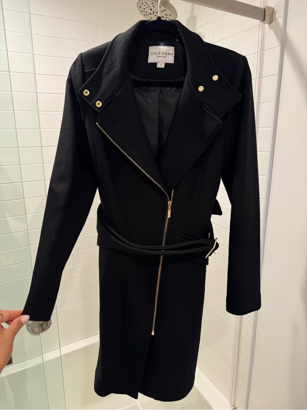 Cole Haan Black Wool Belted Trench Coat with Gold Hardware